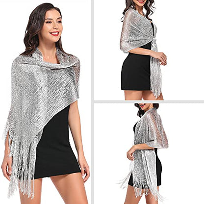 vimate Sparkling Metallic Shawls and Wraps for Evening Party/Wedding/Formal Dresses (With Free Buckle) - color: A#. Silver (With Silver Buckle)