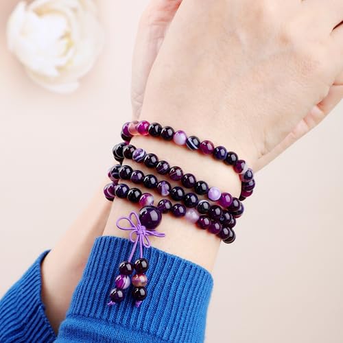 AD Beads 6mm 8mm 108 Prayer Mala Jasper Elastic Bracelet - Handmade Yoga Meditation Healing Power Energy Gifts for Unisex Adult. - color: Purple Stripe Agate(Tranquility)