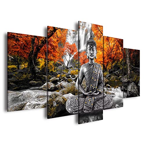 AWLXPHY Decor Buddha Wall Art Canvas Painting Framed 5 Panels for Living Room Decoration Modern Landscape Buddha Waterfall Trees Zen Stretched Artwork Giclee (Yellow, 40"x20") - color: Yellow, size: 40"x20"