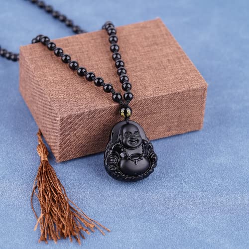 Black Obsidian Necklace Protection Pendant with Extended Bead Chain Healing Crystal Stone Amulet Necklace for Men Women - color: MaitreyaD