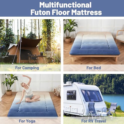 Zelladorra Japanese Floor Mattress, Futon Mattress with Portable Storage Bag and Washable Cover, Roll Up Thick Tatami Mat Suitable for Camping, Guest Room (Coastal Gradient, Twin)