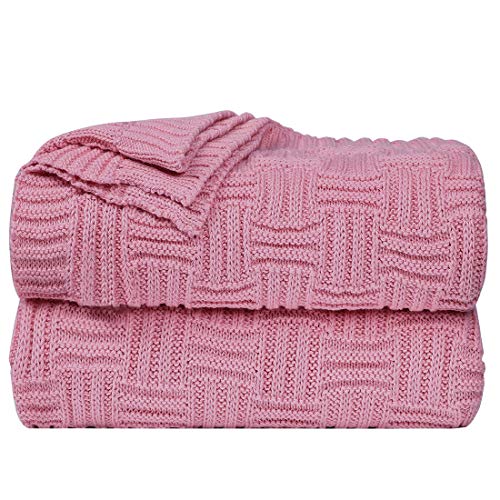 uxcell 100% Cotton Cable Knit Throw Blanket,Soft Lightweight Lap Blanket,Textured Solid Sofa Throw Couch Cover Decors Knitted Blankets, Pink 50"x 60" - color: Pink
