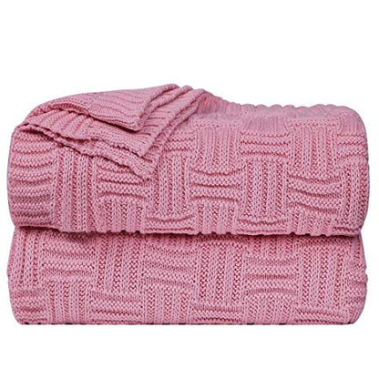 uxcell 100% Cotton Cable Knit Throw Blanket,Soft Lightweight Lap Blanket,Textured Solid Sofa Throw Couch Cover Decors Knitted Blankets, Pink 50"x 60" - color: Pink
