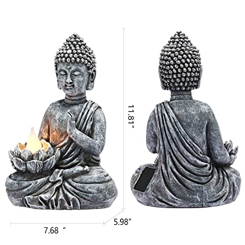 Solar Buddha Statue - Outdoor Zen Sculpture With Flickering LED Lotus Light - Waterproof Garden Decor Gift - 11.81 Inch