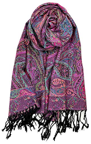 Plum Feathers Tapestry Ethnic Paisley Pattern Pashmina Shawl Scarf, Womens Pashmina Shawl Wrap with Fringes - color: Black Pink Multi Tapestry
