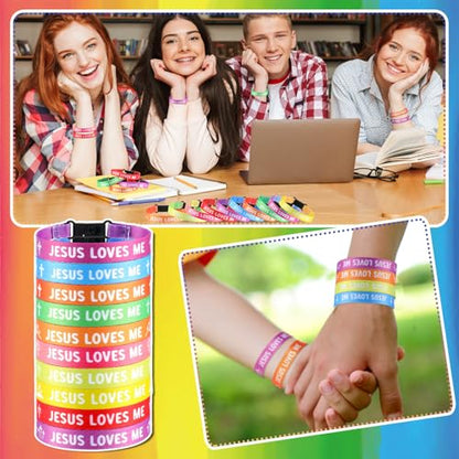 Ecally 100 Pcs Jesus Loves Me Bracelets Bulk Jesus Loves Me Woven Wristbands Christian Gifts Adjustable Wristbands Religious Gifts for VBS Sunday School Church Gift