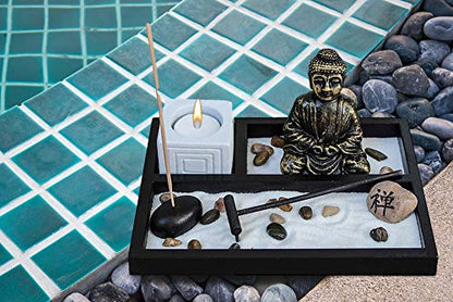 Zen Garden Deluxe Desk Meditation Garden Buddha Statue with Tea Light Holder, Incense Holder, Incense, Rocks, Sand, and Rake (Candle Not Included)