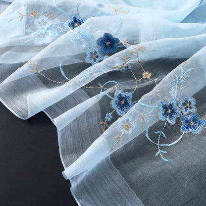 Women Silk & Wool Long and Large Scarf Shawl Wrap For Evening Dress - color: Flower Embroidery Light Blue