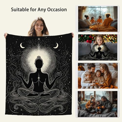 Zen Meditation Yoga Throw Blanket for Spiritual Men and Women, Black and White Line Art Fleece for Bedroom or Retreat, Gift for Mindfulness Yogis or Healing Space, 40x50 Inches - size: 50"x40"