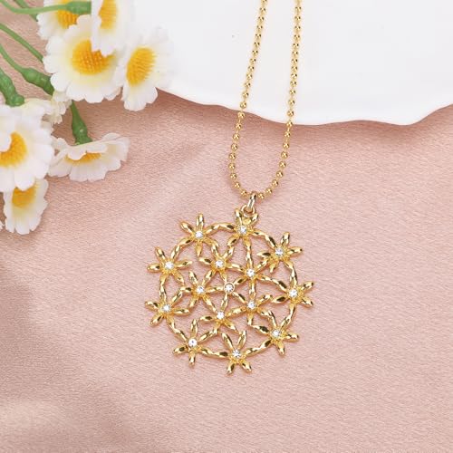 Flower of Life Necklace: 18K Gold Plated Sacred Geometry Buddhist Chakra Mandala with Diamond Pendant Necklaces Yoga Spiritual Amulet Jewelry Meditation Gift for Women Men - color: gold-1