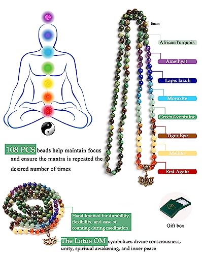 Bivei 7 Chakra 108 Mala Beads Bracelet Real Gemstone Yoga Meditation Hand Knotted Mala Prayer Bead Necklace - size: 6mm, style: Lotus OM - African Turquoise