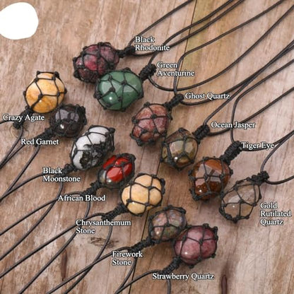 Crystal Tumbled Stone Pendant Necklace for Women Knotted Net Bag Leather Necklace Yoga Meditation Jewelry Gifts - color: Amethyst