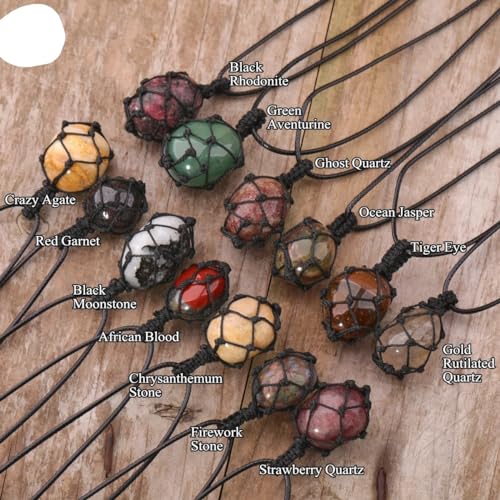 Crystal Tumbled Stone Pendant Necklace for Women Knotted Net Bag Leather Necklace Yoga Meditation Jewelry Gifts - color: Aura Rose Crystal