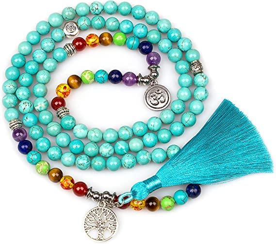 108 Mala Beads Necklace 7 Chakra Tree of Life Pendant Prayer Buddha Bracelets Healing Stone Yoga Men Women Jewelry - color: Rosary Prayer turquoise