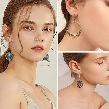 45 Pairs Vintage Silver Drop Dangle Earrings Set for Women Bohemian Bronze Waterdrop Leaf Earrings