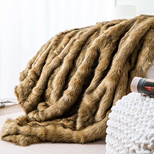 BATTILO HOME Golden Faux Fur Throw Blanket for Couch Sofa, Long Pile Fur Blankets and Throws, Elegant, Fluffy Thick Warm Heavyweight Fur Blanket Reversible to Plush Velvet, 50"x60" - color: Ochre, size: 50"x60"