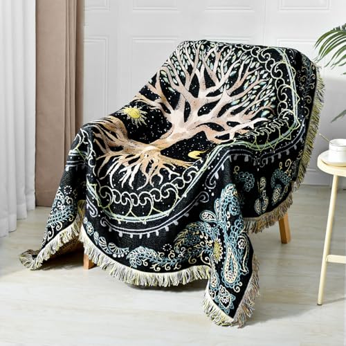 Boho Throw Blanket Reversible Cotton Bohemian Tapestry Hippie Room Decor Outdoor Blanket Double Sided (Boho Tree 50"x60") - color: Boho Tree, size: 50*60 inch