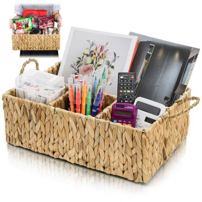 Water Hyacinth Storage Basket, 4 Section Natural Wicker Storage Bin, Woven Storage Organizer with Handle, Large Divided Basket for Shelves Countertop Bathroom Pantry, 16" L x 10.5" W x 5.5" H