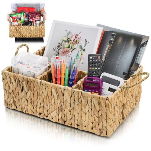 Water Hyacinth Storage Basket, 4 Section Natural Wicker Storage Bin, Woven Storage Organizer with Handle, Large Divided Basket for Shelves Countertop Bathroom Pantry, 16" L x 10.5" W x 5.5" H