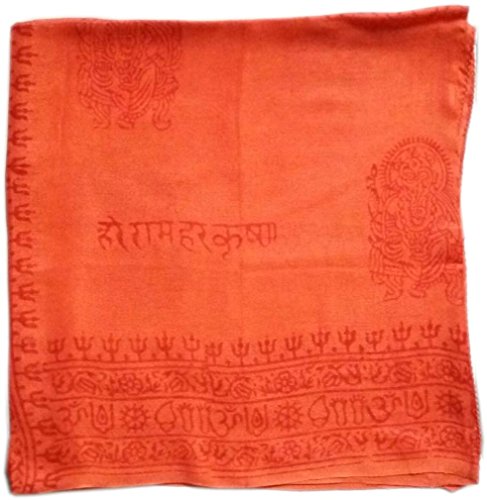 KVR Hindu Pooja Religious Cotton Indian prayer scarf with OM Krishna Ganesha Shiva Nataraja yoga spiritual auspicious prints - color: Orange-ganesha-2
