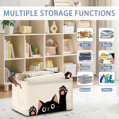 Funny Black Cat Storage Baskets,Foldable Organizer Bin with Handles for Home Living Room Bedroom Closet Box 17x11.5x10Inch - color: Funny Black Cat