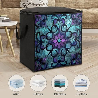 Clothes Storage Bag Personalized Durable Foldable Large Toy Storage Bags with Zipper Moving Bags Luggage Organizer Stained Glass Pattern Printed Bags