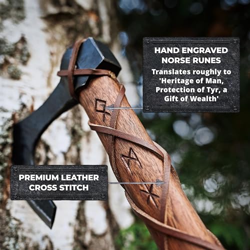 Two-Handed Viking Battle Axe with EN45 Spring Steel Skegg Bearded Axe Head, Teakwood Shaft with Hand-Engraved Norse Runes – The Skeggøx