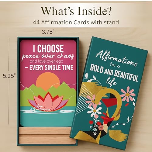 Affirmation Cards for Women – Bold & Beautiful Gift Set with 44 Daily Empowering Quotes + Wooden Stand – Self Love, Confidence, Motivation, Mindfulness