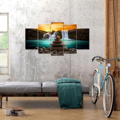 FuShvre Zen Wall Art Canvas Waterfall Pictures Teal and Orange Art for Zen Meditation Room Wall Decor Framed Large Size