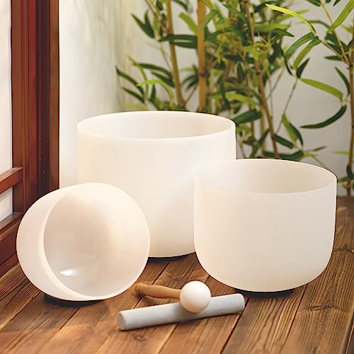 Hye-eun Crystal Singing Bowls Set, 432hz of 3pcs Singing Bowls 8-12 Inch G E C with Carrying Case for Sound Healing Meditation