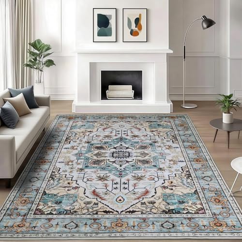 WILLSUN Washable Area Rugs, 6x9 Non-Slip Boho Large Area Rugs for Living Room, Bedroom, Machine Washable Vintage Rug, Indoor Floral Print Carpet for Home Decor, Kid & Pet Friendly Mat - color: Beige/Light Blue, size: 6' x 9' (Rectangular)