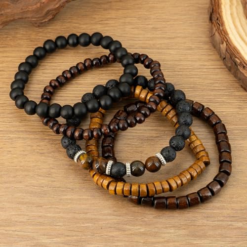 5-Piece Set Wooden Beaded Bracelets, Unisex, Rustic Bohemian Style,Vintage Fashion Jewelry Accessory, for Men and Women