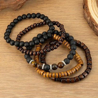 5-Piece Set Wooden Beaded Bracelets, Unisex, Rustic Bohemian Style,Vintage Fashion Jewelry Accessory, for Men and Women