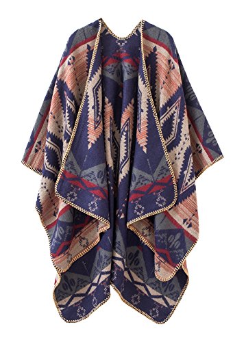 Urban CoCo Women's Color Block Shawl Wrap Open Front Poncho Cape - color: Navy Blue