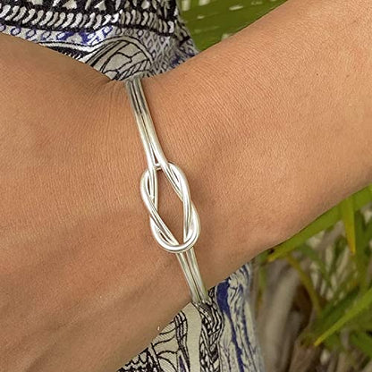 Handmade Sterling Silver Dainty Minimalist Knot Cuff Bracelet, Simple Silver Tied Wires, Adjustable 6 3/4 inches Cuff, Women size M-L, Gift for Her