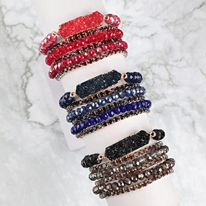 RIAH FASHION Bohemian Acrylic Druzy Multi-Layer Bead Statement Bracelet - Versatile Faux Stone Pendant Stretch Strand Stackable Cuff Bangle Set Sparkly Crystal - color: Druzy Bar Sparkly Mix Set - Red