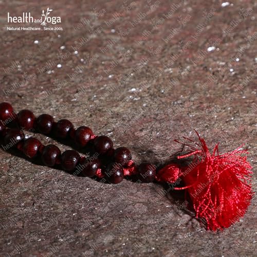 HealthAndYoga™ Rose Wood Mala (108 + 1 Beads with Tassel) & Velvet Bag - Hand Knotted Rosary for Mantra Chanting, Meditation - Invokes Vitality & Courage, Improves Skin Health, Influences Heart Chakra