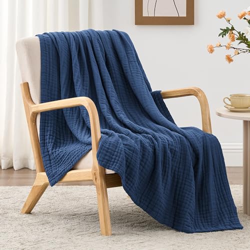 Love's cabin 100% Cotton Muslin Blanket, 6 Layer Lightweight Breathable Gauze Large Throw Blanket 50 x 70 Inches, Soft Cooling All Season Blanket for Couch or Sofa, Dark Blue - color: Dark Blue, size: Large Throw(50"x70")