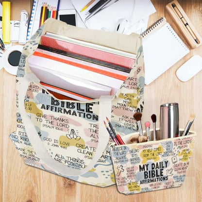 Daily Affirmations for Women Faith Christian Gifts，2PCS Cosmetic Bag Canvas Tote Bag Beach Bags with Pocket Makeup Bags，Scripture Bible Verse Mental Health Gifts for Female Friend Birthday Christmas - color: Bible Affirmations 0938