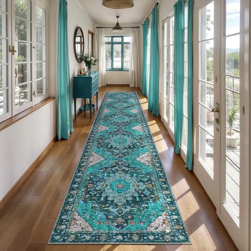 Ciicool 2x12ft Long Hallway Rug, Washable Runner Rug Non Slip Thin Low Pile Soft Indoor Floor Long Carpet Hallways for Bathroom Kitchen Living Room Bedside - color: Teal/Multi, size: 2' x 12' (Runner)