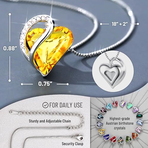 Leafael Gift Necklaces for Women, Infinity Love Birthstone Heart Crystal Pendant, Birthday Anniversary Jewelry for Wife, Mom, and Her, Silver Plated, 18" + 2" Adjustable Chain - color: 11b-November-Citrine Yellow