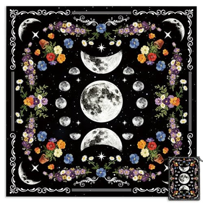 Tarot Altar Cloth Black Tablecloth Flowers and Lunar Phases Print Card Table Tablecloth with Velvet Tarot Card Bag for Reading Rituals Crystals Spiritual Divination Witchcraft Supplies - color: Flowers and Lunar