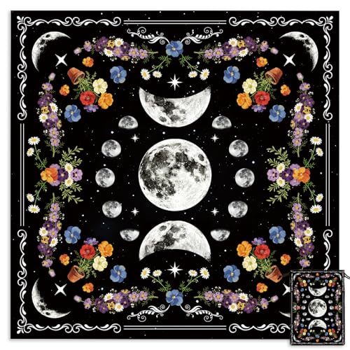 Tarot Altar Cloth Black Tablecloth Flowers and Lunar Phases Print Card Table Tablecloth with Velvet Tarot Card Bag for Reading Rituals Crystals Spiritual Divination Witchcraft Supplies - color: Flowers and Lunar