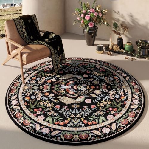 Round Rug 6ft Washable Circle Rug Non Slip Low Pile Boho Floral Small Circular Rug for Bedroom, Bathroom, Entryway, Kids Room, Office, College Dorm (Vibrant Black) - color: Vibrant Black, size: 6' (Round)
