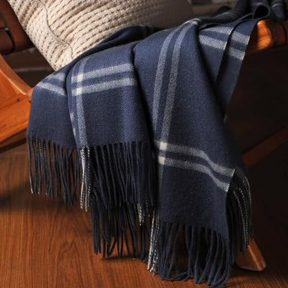 CUDDLE DREAMS Premium Cashmere Throw Blanket with Fringe, Luxuriously Soft (Plaid Blue) - color: Plaid Blue