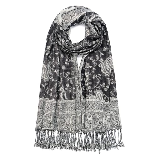 QIUTIMIY Paisley Pashmina Shawl Wrap Women Reversible Vintage Jacquard Pashmina Rave Scarf with Fringe for Evening, Wedding - color: Flower1-gray