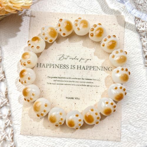 MUDI Bracelet For Women, Bodhi Seed Beads Bracelets Fidget Healing Energy Protection Stretch to My Man Jewelry Gift - color: Brown Paw Print