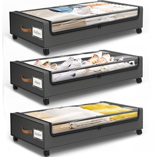 SpaceHacks Under Bed Storage with Wheels 3Pack Storage Containers with Clear Window&Label Under Bed Drawers Rolling Under Bed Storage for Clothes,Shoes, Blankets (30.71 x 16.93 x 6.69 in, Dark Grey) - color: Dark Grey, size: 3 pack