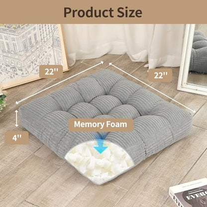 LOVMOC 22 inches Meditation Pillow, Square Large Floor Cushions for Adults, Thick Corduroy Floor Pillows for Sitting, Yoga, Living Room, Sofa, Tatami, LightGrey