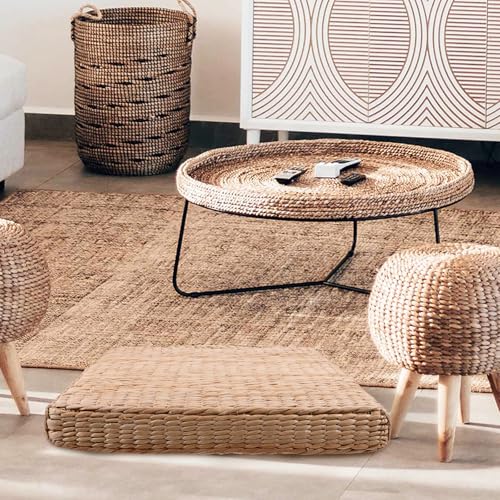 Hemobllo Meditation Cushion Floor Pillow Japanese Braided Straw Seat Cushion Square 40x40cm 6cm Thick for Yoga and Zen Sitting